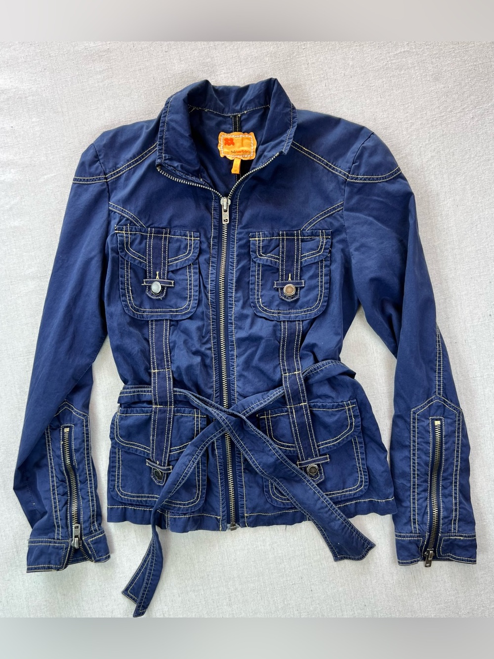 Women's Navy Blue Cotton Modern Sharp Classic Utility Zip-Up Belted Jacket - M